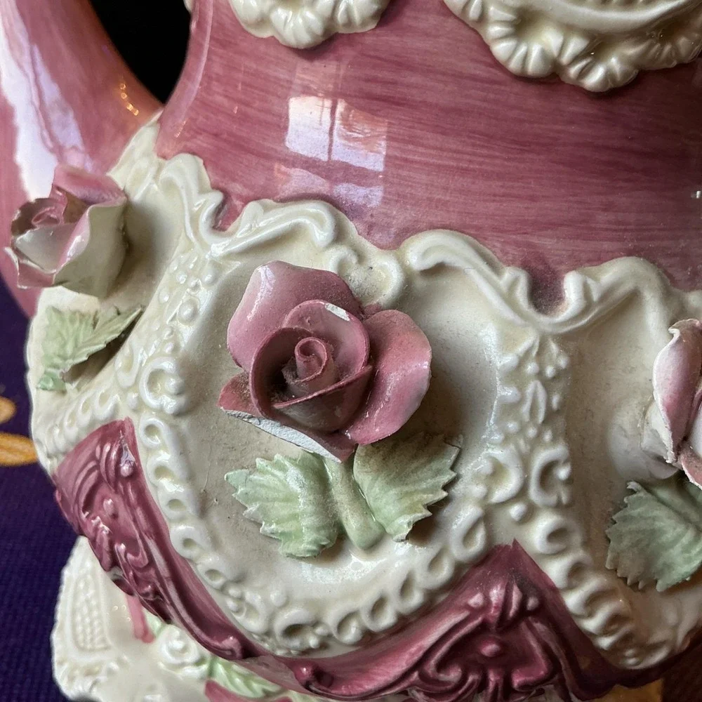 Antique‎ Majolica Teapot Pink Victorian 3D Roses (Damaged)